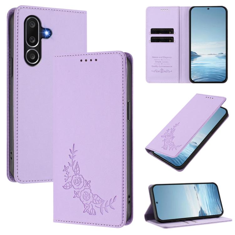 Custodia per telefono magnetica RFID in ecopelle con motivo peonia in rilievo., For Samsung Galaxy M36 5G, For Samsung Galaxy M56 5G