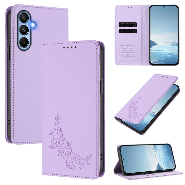 Custodia per telefono magnetica RFID in ecopelle con motivo peonia in rilievo., For Galaxy A15 4G / 5G, For Galaxy A55 5G Global