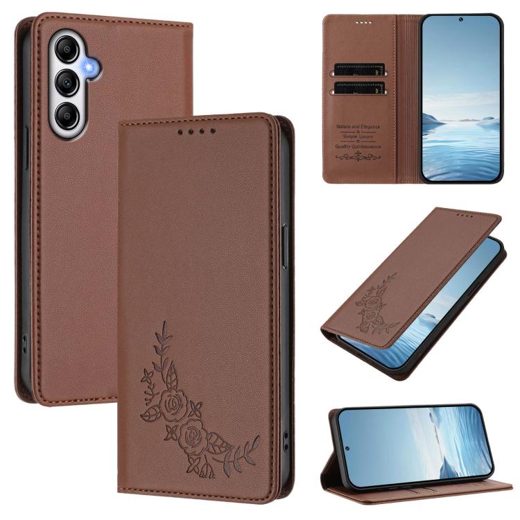 Custodia per telefono magnetica RFID in ecopelle con motivo peonia in rilievo., For Galaxy A34 5G, For Galaxy A54 5G