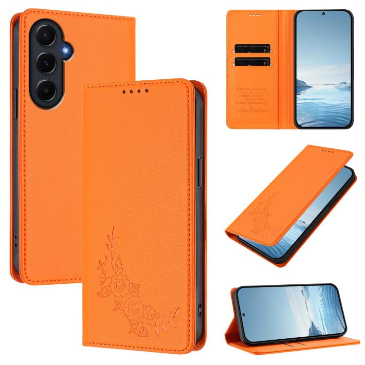 Custodia per telefono magnetica RFID in ecopelle con motivo peonia in rilievo., For Galaxy A15 4G / 5G, For Galaxy A55 5G Global