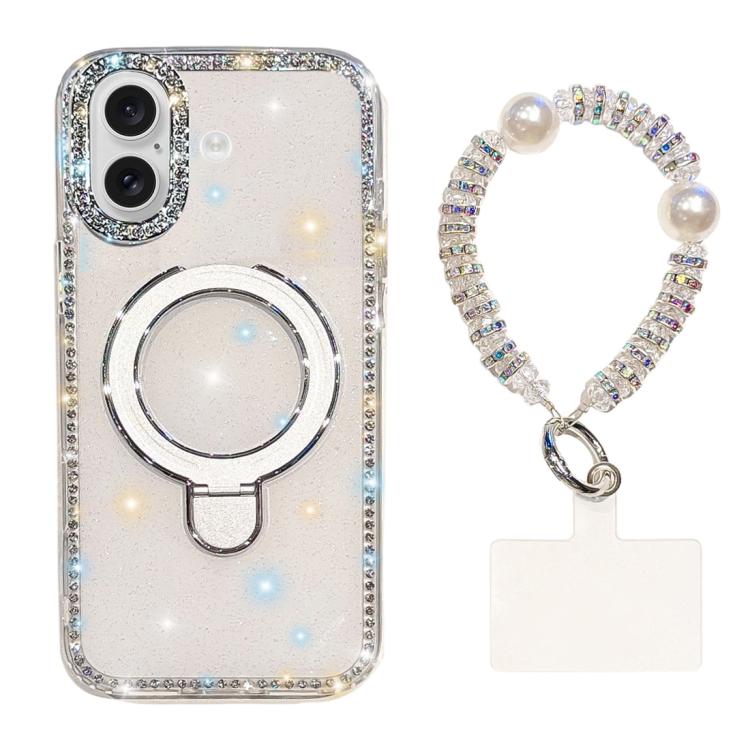 Custodia per telefono antiurto con bracciale e supporto magnetico IMD a doppia faccia con strass, antiurto., For iPhone 16e / 17e, For iPhone 16