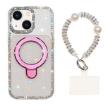 Custodia per telefono antiurto con bracciale e supporto magnetico IMD a doppia faccia con strass, antiurto., For iPhone 15, For iPhone 14