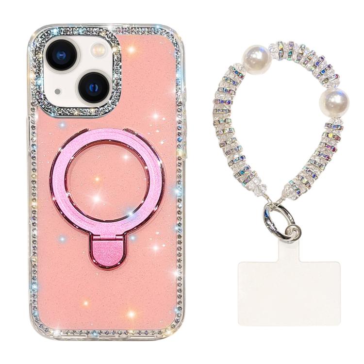 Custodia per telefono antiurto con bracciale e supporto magnetico IMD a doppia faccia con strass, antiurto., For iPhone 15, For iPhone 14