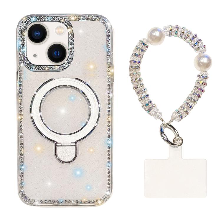 Custodia per telefono antiurto con bracciale e supporto magnetico IMD a doppia faccia con strass, antiurto., For iPhone 15, For iPhone 14