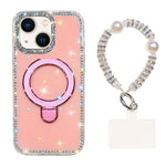 Custodia per telefono antiurto con bracciale e supporto magnetico IMD a doppia faccia con strass, antiurto., For iPhone 15, For iPhone 14