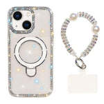 Custodia per telefono antiurto con bracciale e supporto magnetico IMD a doppia faccia con strass, antiurto., For iPhone 15, For iPhone 14