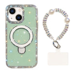 Custodia per telefono antiurto con bracciale e supporto magnetico IMD a doppia faccia con strass, antiurto., For iPhone 15, For iPhone 14