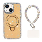 Custodia per telefono antiurto con bracciale e supporto magnetico IMD a doppia faccia con strass, antiurto., For iPhone 15, For iPhone 14