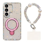 Custodia per telefono antiurto con bracciale e supporto magnetico IMD a doppia faccia con strass, antiurto., For Samsung Galaxy S25 5G, For Samsung Galaxy S25+ 5G