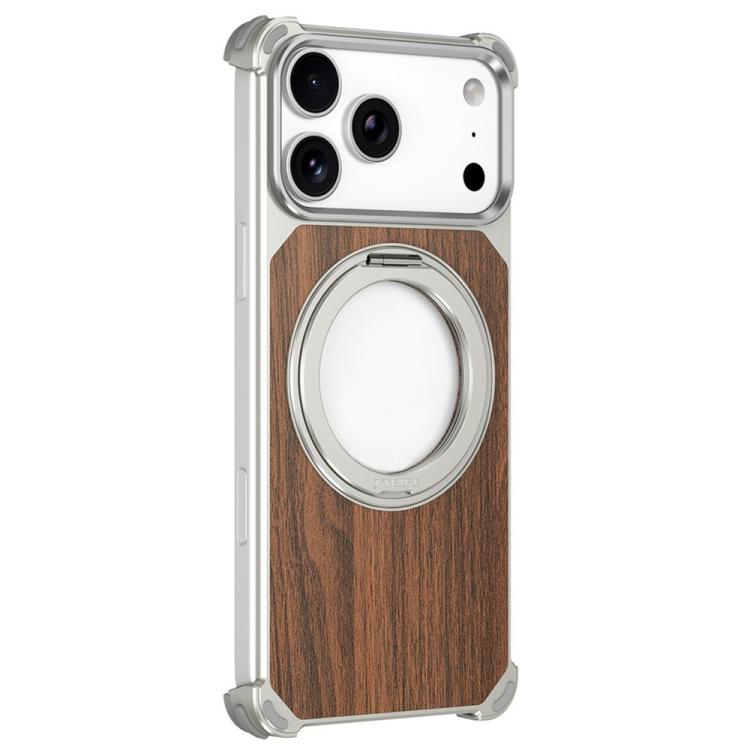 Custodia magnetica cava senza cornice in legno di noce con supporto girevole per telefono, For iPhone 17 Pro Max, For iPhone 17 Pro