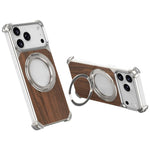 Custodia magnetica cava senza cornice in legno di noce con supporto girevole per telefono, For iPhone 17 Pro Max, For iPhone 17 Pro