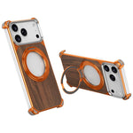 Custodia magnetica cava senza cornice in legno di noce con supporto girevole per telefono, For iPhone 17 Pro Max, For iPhone 17 Pro