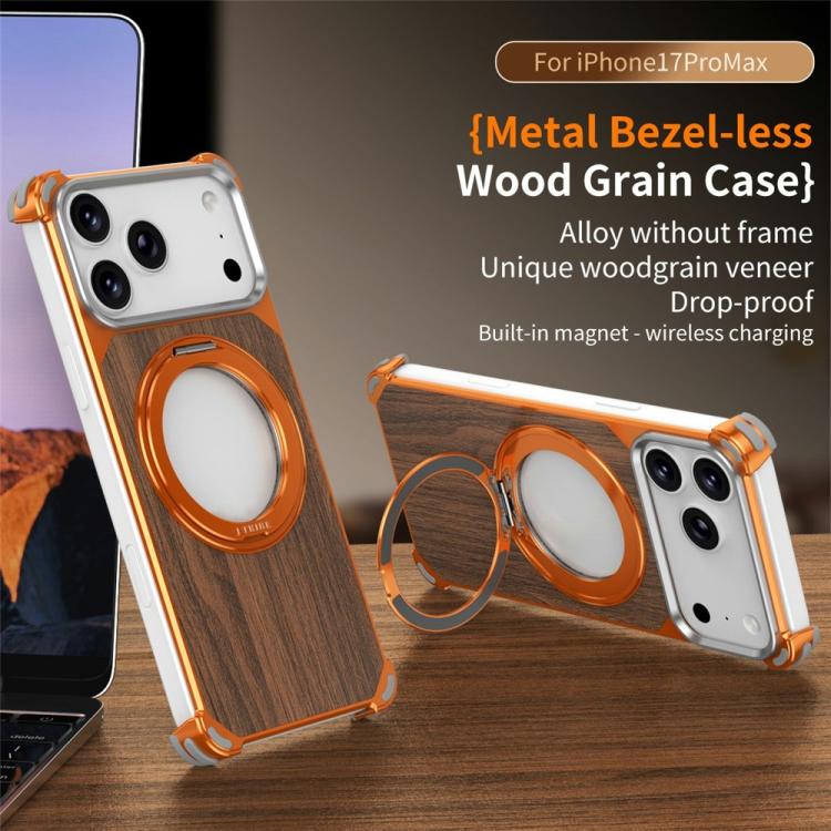 Custodia magnetica cava senza cornice in legno di noce con supporto girevole per telefono, For iPhone 17 Pro Max, For iPhone 17 Pro