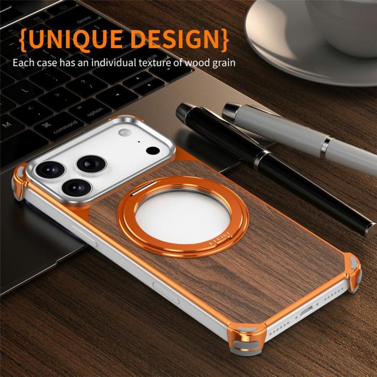 Custodia magnetica cava senza cornice in legno di noce con supporto girevole per telefono, For iPhone 17 Pro Max, For iPhone 17 Pro