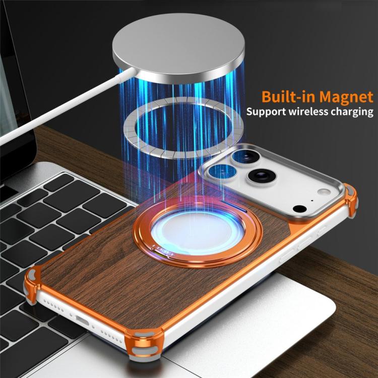 Custodia magnetica cava senza cornice in legno di noce con supporto girevole per telefono, For iPhone 17 Pro Max, For iPhone 17 Pro