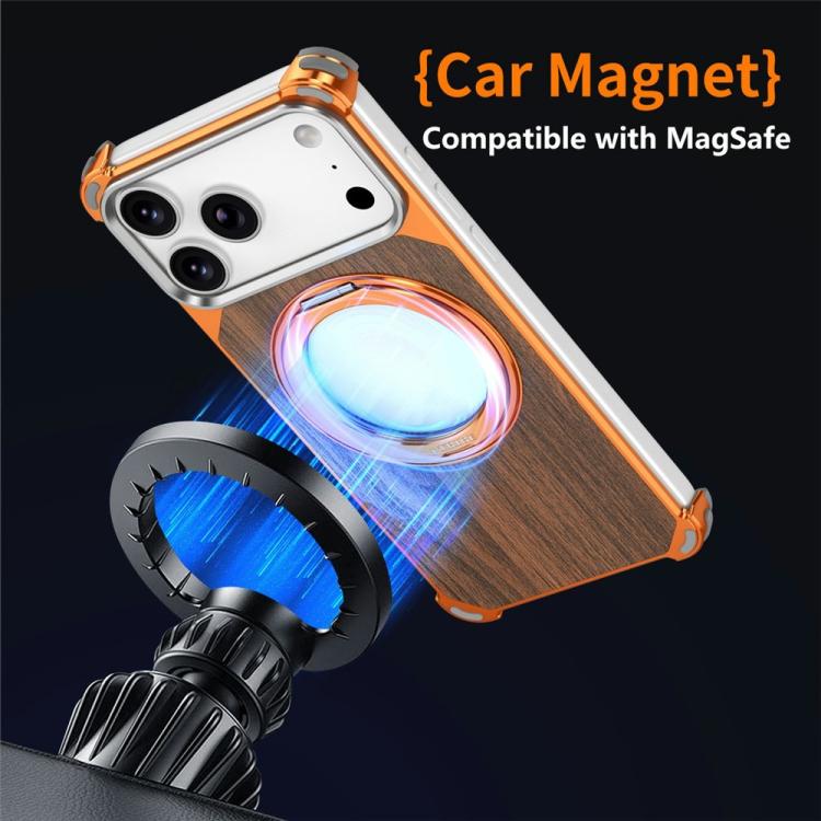 Custodia magnetica cava senza cornice in legno di noce con supporto girevole per telefono, For iPhone 17 Pro Max, For iPhone 17 Pro