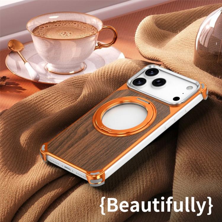Custodia magnetica cava senza cornice in legno di noce con supporto girevole per telefono, For iPhone 17 Pro Max, For iPhone 17 Pro