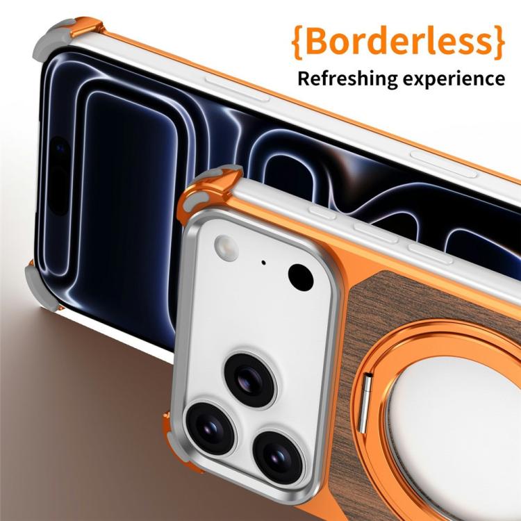 Custodia magnetica cava senza cornice in legno di noce con supporto girevole per telefono, For iPhone 17 Pro Max, For iPhone 17 Pro