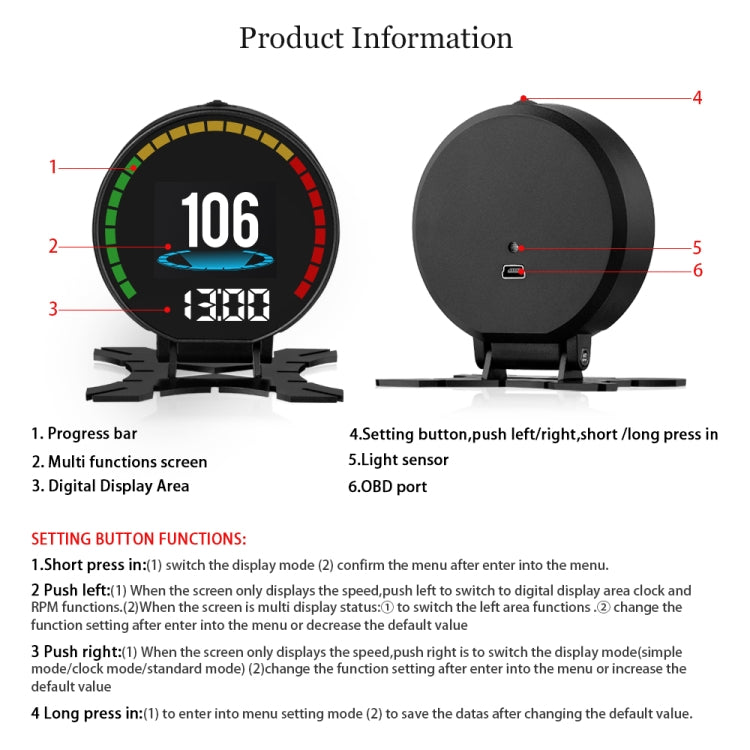 P15 OBD2 Car HUD Head-up Display Temperatura dell'acqua/Velocità/Voltaggio del veicolo, P15
