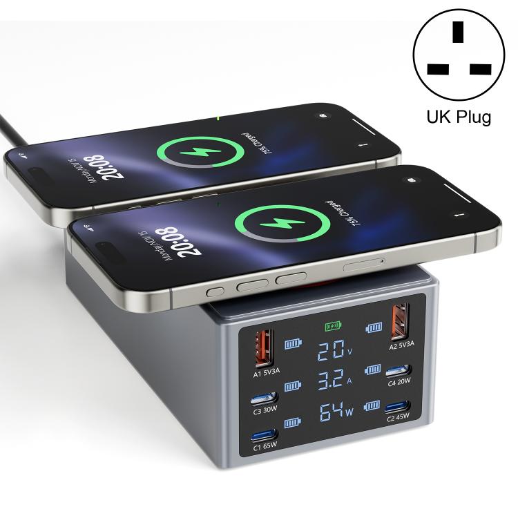 Stazione di ricarica da tavolo intelligente multiporta da 220 W con doppia funzione di ricarica wireless da 15 W, AU Plug, EU Plug, UK Plug, US Plug