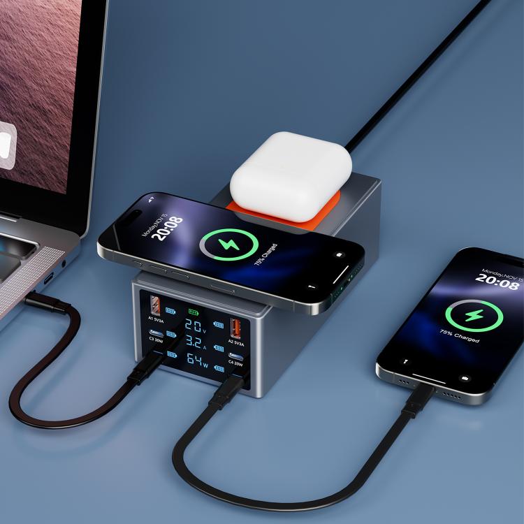 Stazione di ricarica da tavolo intelligente multiporta da 220 W con doppia funzione di ricarica wireless da 15 W, AU Plug, EU Plug, UK Plug, US Plug