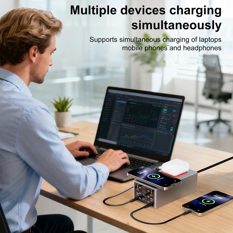 Stazione di ricarica da tavolo intelligente multiporta da 220 W con doppia funzione di ricarica wireless da 15 W, AU Plug, EU Plug, UK Plug, US Plug
