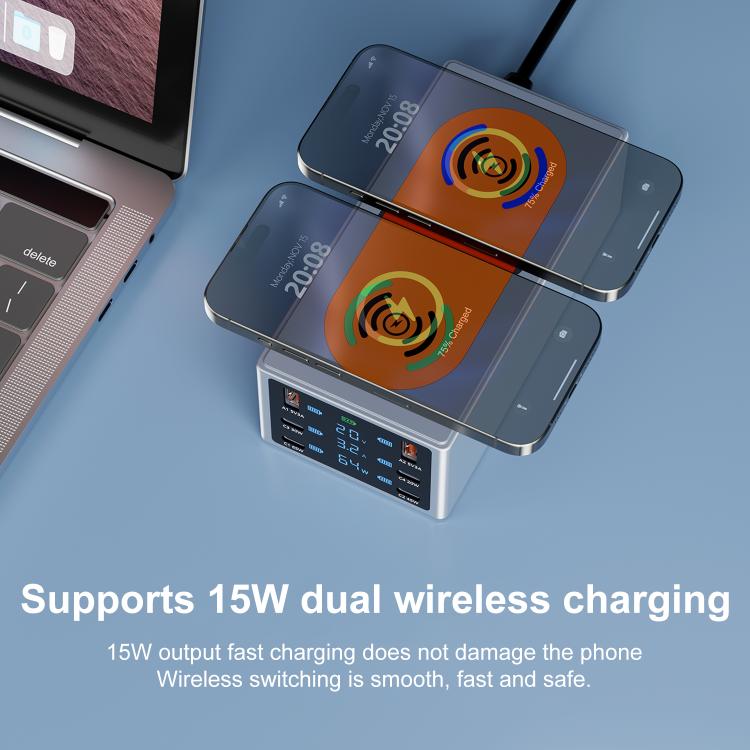 Stazione di ricarica da tavolo intelligente multiporta da 220 W con doppia funzione di ricarica wireless da 15 W, AU Plug, EU Plug, UK Plug, US Plug
