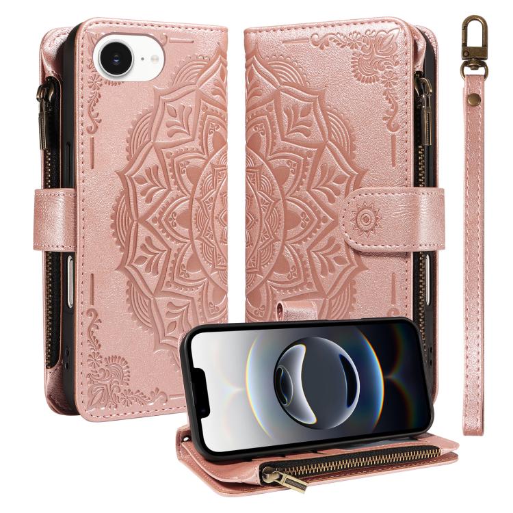 Custodia per telefono in ecopelle vegana con cerniera, protezione RFID e cordino corto, con motivo mandala in rilievo, 9 scomparti per carte e scomparto RFID., For iPhone 17e / 16e, For iPhone 17 Pro Max, For iPhone 17 Pro, For iPhone 17