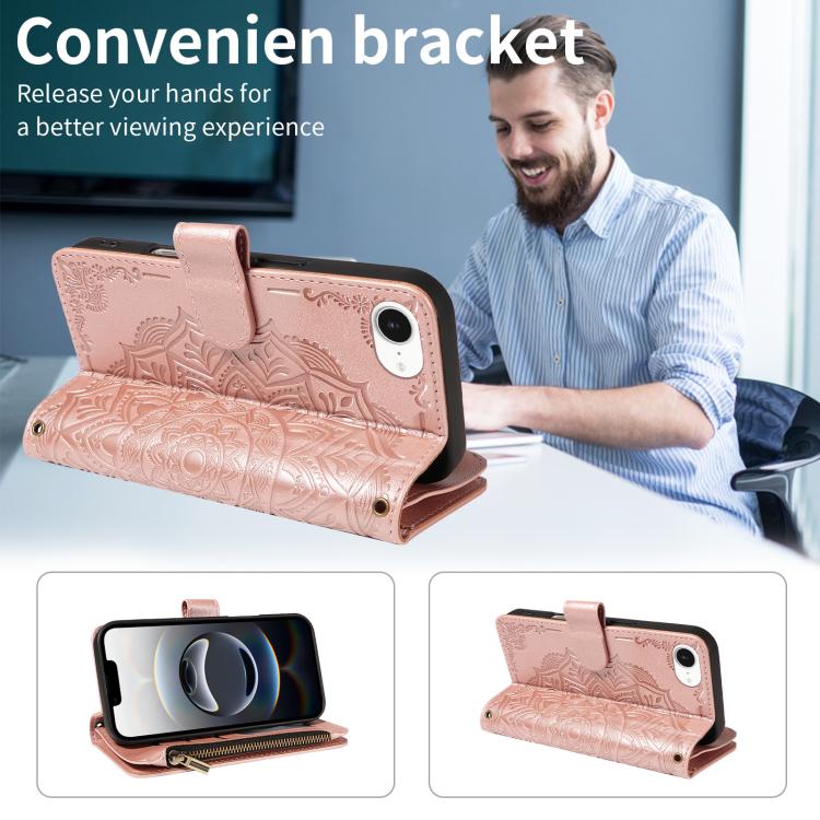 Custodia per telefono in ecopelle vegana con cerniera, protezione RFID e cordino corto, con motivo mandala in rilievo, 9 scomparti per carte e scomparto RFID., For iPhone 17e / 16e, For iPhone 17 Pro Max, For iPhone 17 Pro, For iPhone 17