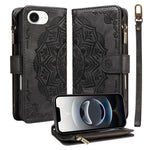 Custodia per telefono in ecopelle vegana con cerniera, protezione RFID e cordino corto, con motivo mandala in rilievo, 9 scomparti per carte e scomparto RFID., For iPhone 17e / 16e, For iPhone 17 Pro Max, For iPhone 17 Pro, For iPhone 17