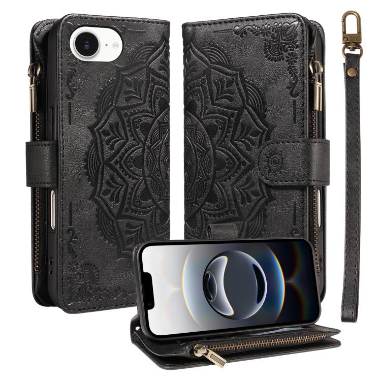 Custodia per telefono in ecopelle vegana con cerniera, protezione RFID e cordino corto, con motivo mandala in rilievo, 9 scomparti per carte e scomparto RFID., For iPhone 17e / 16e, For iPhone 17 Pro Max, For iPhone 17 Pro, For iPhone 17