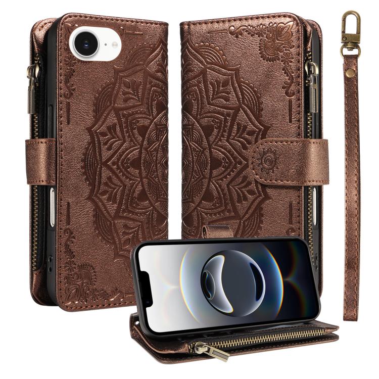 Custodia per telefono in ecopelle vegana con cerniera, protezione RFID e cordino corto, con motivo mandala in rilievo, 9 scomparti per carte e scomparto RFID., For iPhone 17e / 16e, For iPhone 17 Pro Max, For iPhone 17 Pro, For iPhone 17