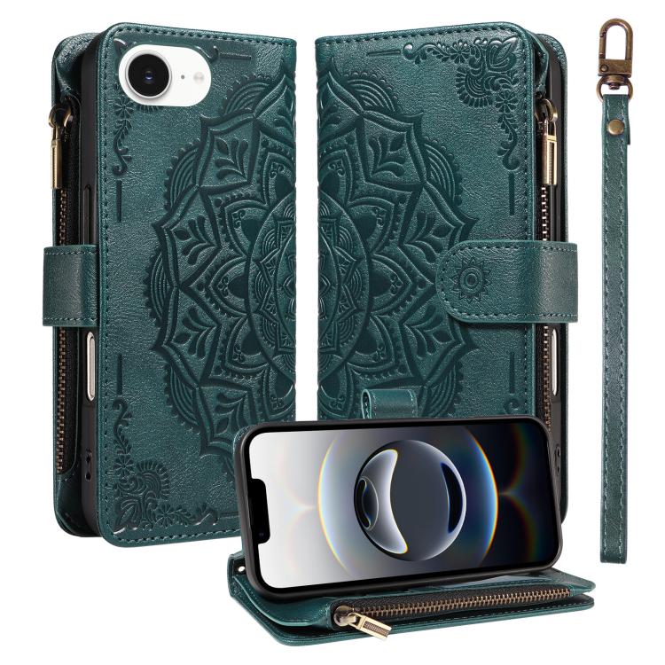 Custodia per telefono in ecopelle vegana con cerniera, protezione RFID e cordino corto, con motivo mandala in rilievo, 9 scomparti per carte e scomparto RFID., For iPhone 17e / 16e, For iPhone 17 Pro Max, For iPhone 17 Pro, For iPhone 17