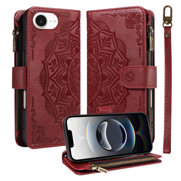 Custodia per telefono in ecopelle vegana con cerniera, protezione RFID e cordino corto, con motivo mandala in rilievo, 9 scomparti per carte e scomparto RFID., For iPhone 17e / 16e, For iPhone 17 Pro Max, For iPhone 17 Pro, For iPhone 17
