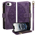 Custodia per telefono in ecopelle vegana con cerniera, protezione RFID e cordino corto, con motivo mandala in rilievo, 9 scomparti per carte e scomparto RFID., For iPhone 17e / 16e, For iPhone 17 Pro Max, For iPhone 17 Pro, For iPhone 17