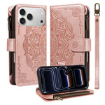 Custodia per telefono in ecopelle vegana con cerniera, protezione RFID e cordino corto, con motivo mandala in rilievo, 9 scomparti per carte e scomparto RFID., For iPhone 17e / 16e, For iPhone 17 Pro Max, For iPhone 17 Pro, For iPhone 17