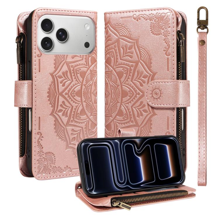 Custodia per telefono in ecopelle vegana con cerniera, protezione RFID e cordino corto, con motivo mandala in rilievo, 9 scomparti per carte e scomparto RFID., For iPhone 17e / 16e, For iPhone 17 Pro Max, For iPhone 17 Pro, For iPhone 17