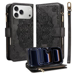 Custodia per telefono in ecopelle vegana con cerniera, protezione RFID e cordino corto, con motivo mandala in rilievo, 9 scomparti per carte e scomparto RFID., For iPhone 17e / 16e, For iPhone 17 Pro Max, For iPhone 17 Pro, For iPhone 17