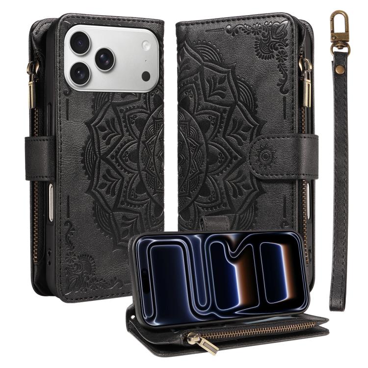 Custodia per telefono in ecopelle vegana con cerniera, protezione RFID e cordino corto, con motivo mandala in rilievo, 9 scomparti per carte e scomparto RFID., For iPhone 17e / 16e, For iPhone 17 Pro Max, For iPhone 17 Pro, For iPhone 17