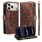 Custodia per telefono in ecopelle vegana con cerniera, protezione RFID e cordino corto, con motivo mandala in rilievo, 9 scomparti per carte e scomparto RFID., For iPhone 17e / 16e, For iPhone 17 Pro Max, For iPhone 17 Pro, For iPhone 17