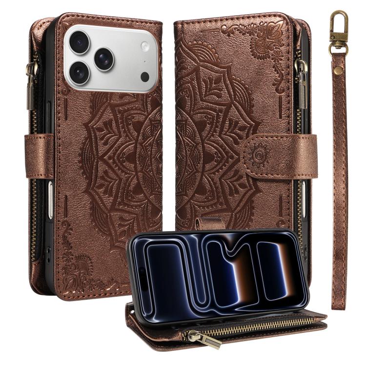 Custodia per telefono in ecopelle vegana con cerniera, protezione RFID e cordino corto, con motivo mandala in rilievo, 9 scomparti per carte e scomparto RFID., For iPhone 17e / 16e, For iPhone 17 Pro Max, For iPhone 17 Pro, For iPhone 17