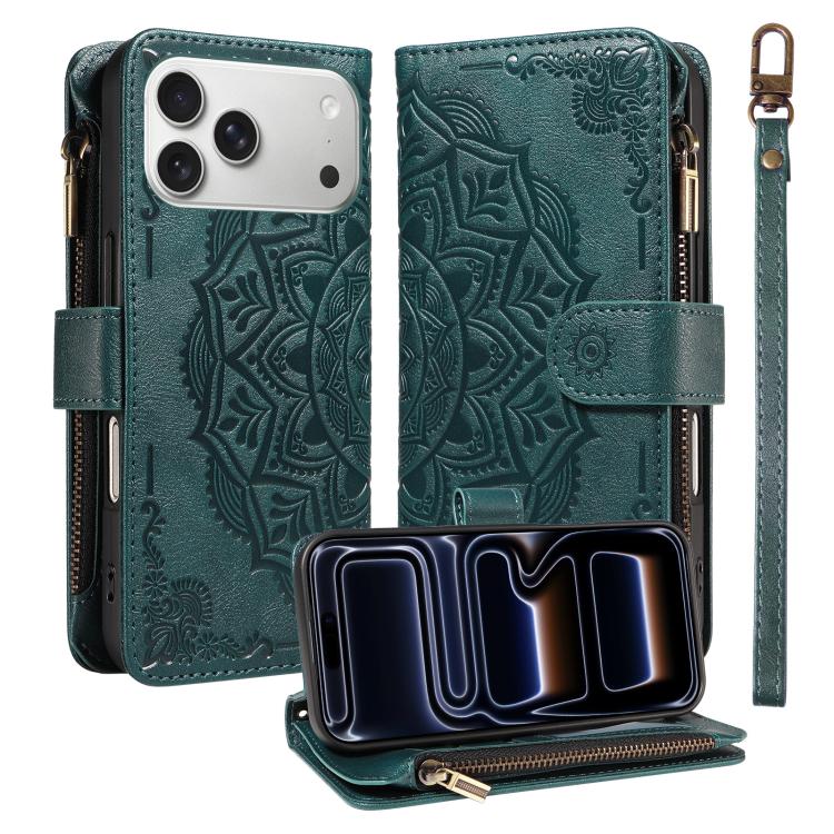 Custodia per telefono in ecopelle vegana con cerniera, protezione RFID e cordino corto, con motivo mandala in rilievo, 9 scomparti per carte e scomparto RFID., For iPhone 17e / 16e, For iPhone 17 Pro Max, For iPhone 17 Pro, For iPhone 17