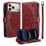 Custodia per telefono in ecopelle vegana con cerniera, protezione RFID e cordino corto, con motivo mandala in rilievo, 9 scomparti per carte e scomparto RFID., For iPhone 17e / 16e, For iPhone 17 Pro Max, For iPhone 17 Pro, For iPhone 17