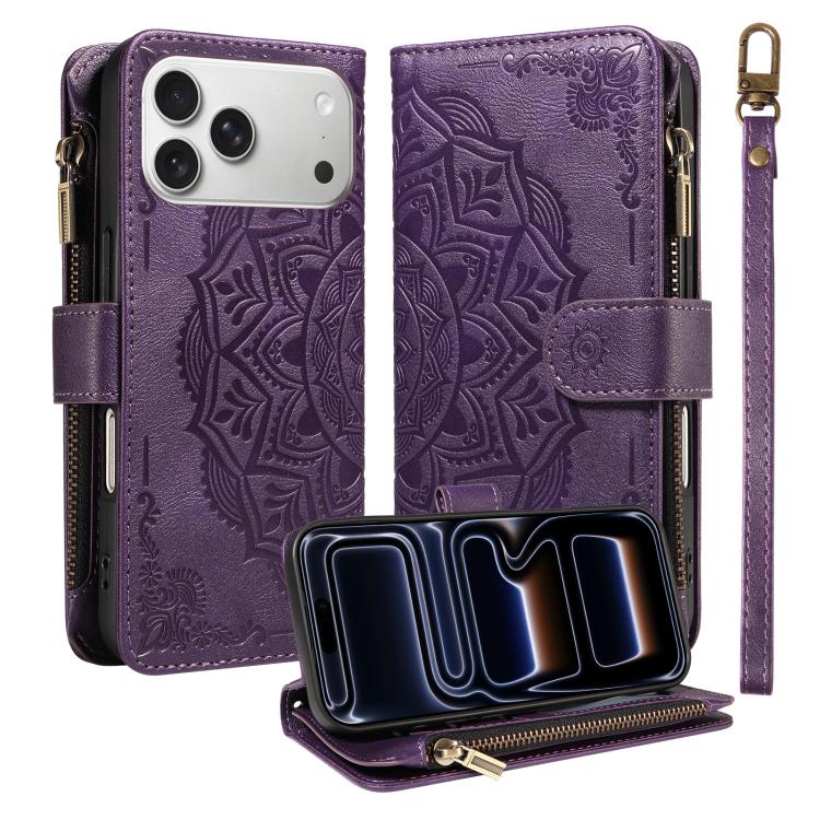 Custodia per telefono in ecopelle vegana con cerniera, protezione RFID e cordino corto, con motivo mandala in rilievo, 9 scomparti per carte e scomparto RFID., For iPhone 17e / 16e, For iPhone 17 Pro Max, For iPhone 17 Pro, For iPhone 17