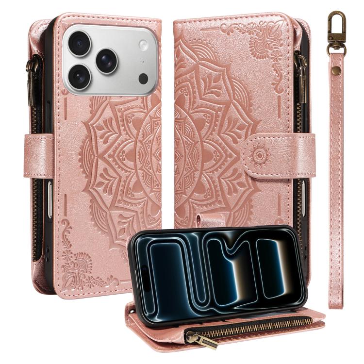 Custodia per telefono in ecopelle vegana con cerniera, protezione RFID e cordino corto, con motivo mandala in rilievo, 9 scomparti per carte e scomparto RFID., For iPhone 17e / 16e, For iPhone 17 Pro Max, For iPhone 17 Pro, For iPhone 17