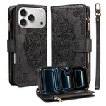 Custodia per telefono in ecopelle vegana con cerniera, protezione RFID e cordino corto, con motivo mandala in rilievo, 9 scomparti per carte e scomparto RFID., For iPhone 17e / 16e, For iPhone 17 Pro Max, For iPhone 17 Pro, For iPhone 17