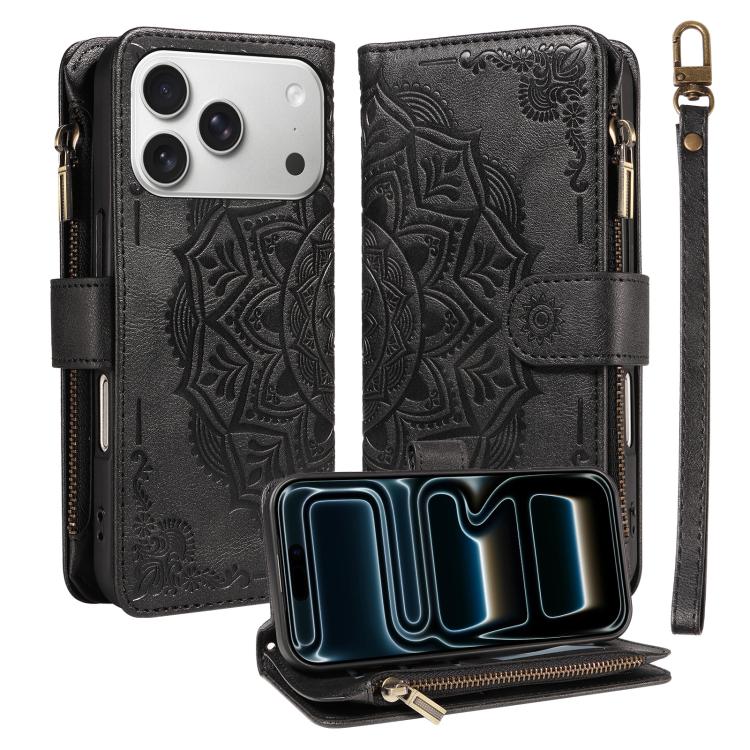 Custodia per telefono in ecopelle vegana con cerniera, protezione RFID e cordino corto, con motivo mandala in rilievo, 9 scomparti per carte e scomparto RFID., For iPhone 17e / 16e, For iPhone 17 Pro Max, For iPhone 17 Pro, For iPhone 17