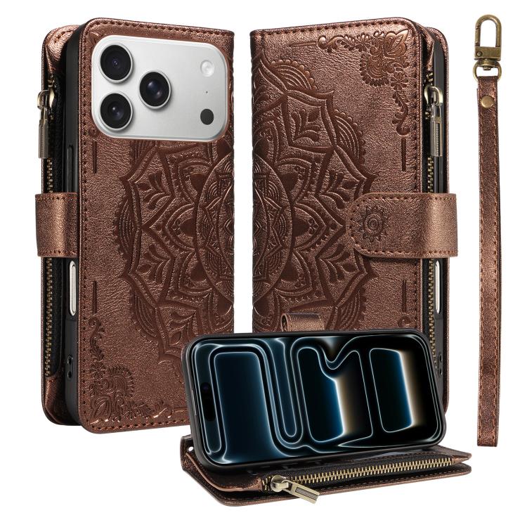 Custodia per telefono in ecopelle vegana con cerniera, protezione RFID e cordino corto, con motivo mandala in rilievo, 9 scomparti per carte e scomparto RFID., For iPhone 17e / 16e, For iPhone 17 Pro Max, For iPhone 17 Pro, For iPhone 17