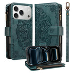 Custodia per telefono in ecopelle vegana con cerniera, protezione RFID e cordino corto, con motivo mandala in rilievo, 9 scomparti per carte e scomparto RFID., For iPhone 17e / 16e, For iPhone 17 Pro Max, For iPhone 17 Pro, For iPhone 17
