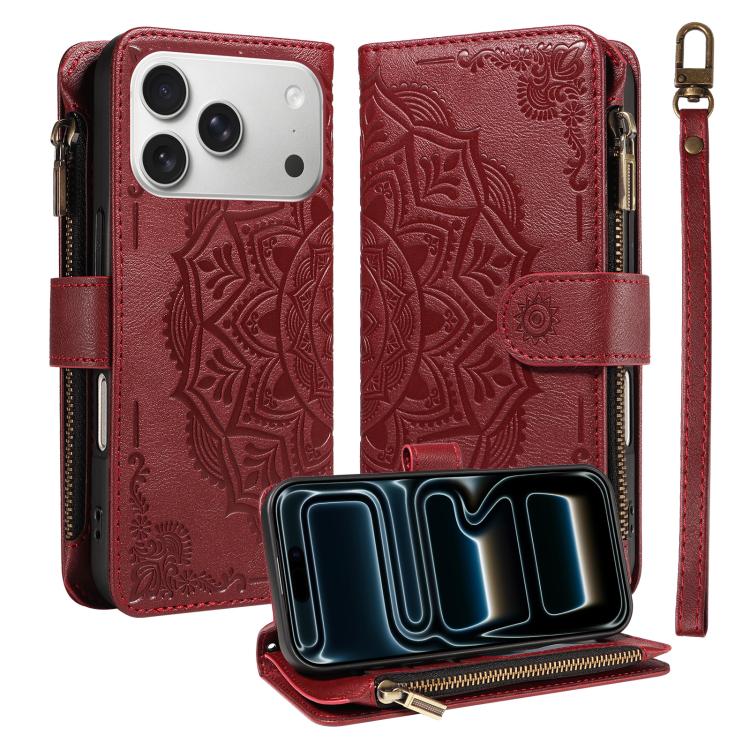 Custodia per telefono in ecopelle vegana con cerniera, protezione RFID e cordino corto, con motivo mandala in rilievo, 9 scomparti per carte e scomparto RFID., For iPhone 17e / 16e, For iPhone 17 Pro Max, For iPhone 17 Pro, For iPhone 17